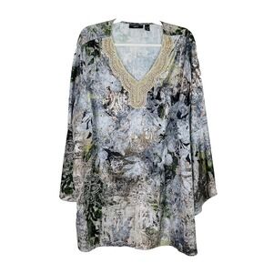 Susan Graver Artisan Tunic Top Size 3X Beaded Embellished Bell Sleeve Boho Artsy